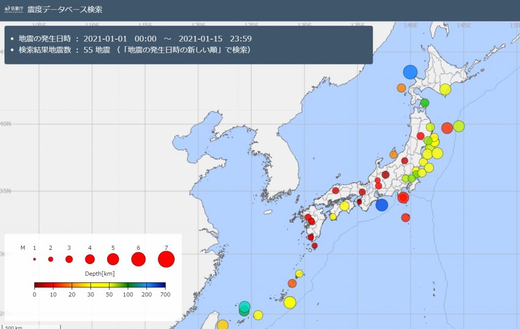 地震対策,20210115までの地震発生日本地図