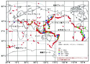 世界の地震分布とプレート