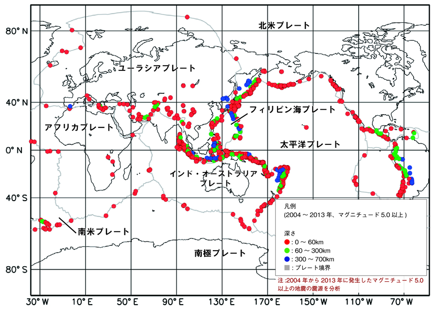 世界の地震分布とプレート