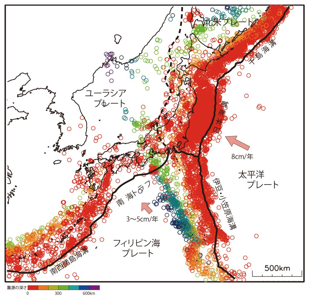 日本のプレートと震源分布