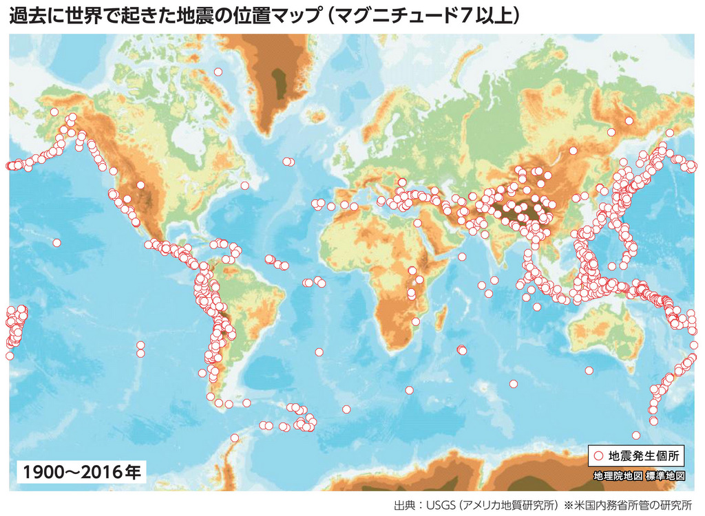 過去に世界で起きた地震の位置マップ（M7.0以上）